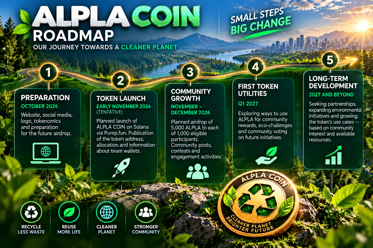 ALPLA COIN five-stage roadmap: preparation, planned launch, community growth, potential utilities and long-term development